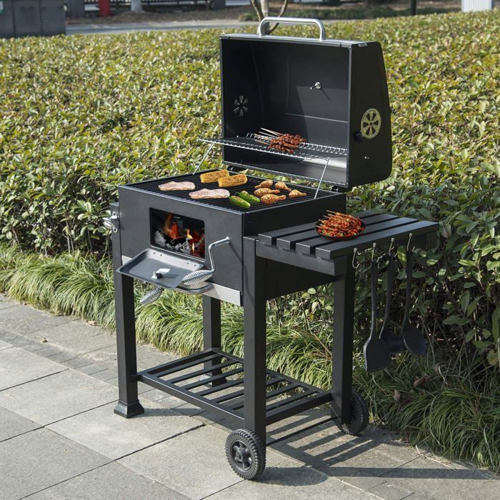 WOLTU Houtskoolbarbecue, in hoogte verstelbare barbecue met wielen, geschikt voor buitenfeesten, zwart