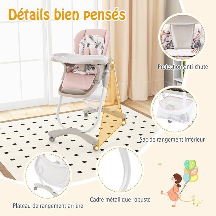 Chaise Haute Bébé Pliante COSTWAY Dossier Incliné-Hauteur Réglable-Plateau Repas Amovible sans BPA-6 Mois-4 Roues Pivotantes-Rose