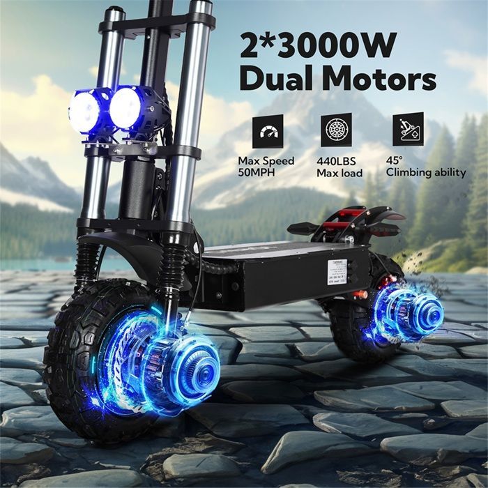 Patinete eléctrico E5B de 3000 W * 2 motores duales de 60 V y 40 Ah con neumáticos todoterreno de 11 pulgadas.