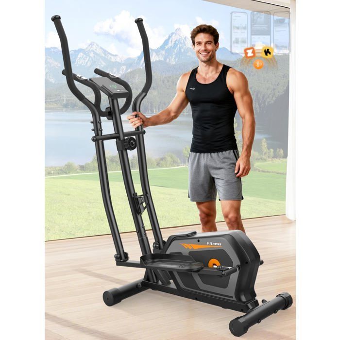 Elíptico 3 em 1, silencioso, 16 níveis de resistência, capacidade máxima de 130 kg, visor LCD, aplicativo, ideal para exercícios cardiovasculares em casa, preto/laranja