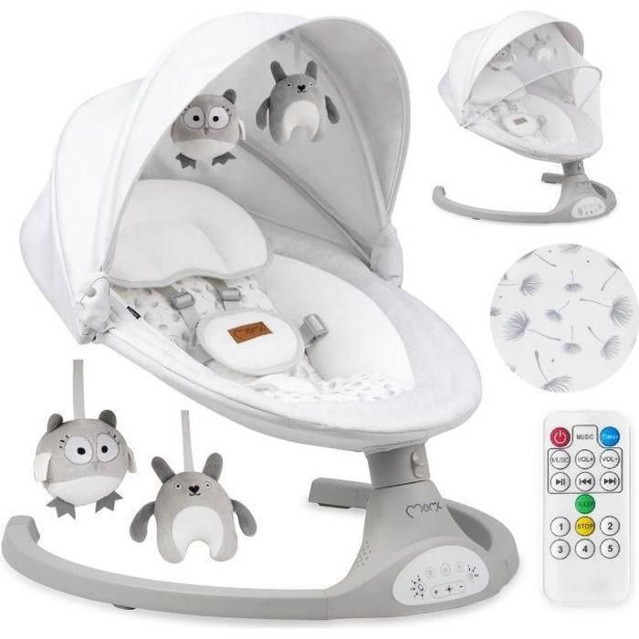 MoMi KENANI – Balancelle Bébé Électrique – Bluetooth – Télécommande – Moustiquaire – 5 Vitesses – Gris Clair