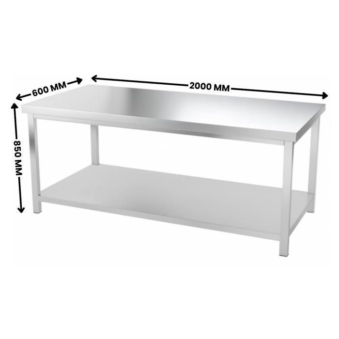 Mesa central em aço inoxidável 2000 x 600 mm - aço inoxidável 0,8 mm - prateleira inferior - capacidade de carga 150 kg