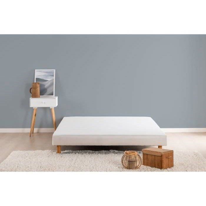 Base de cama tapizada con somier de láminas de 140 x 190 cm - Madera maciza blanca + Patas - DEKO DREAM Rakenne