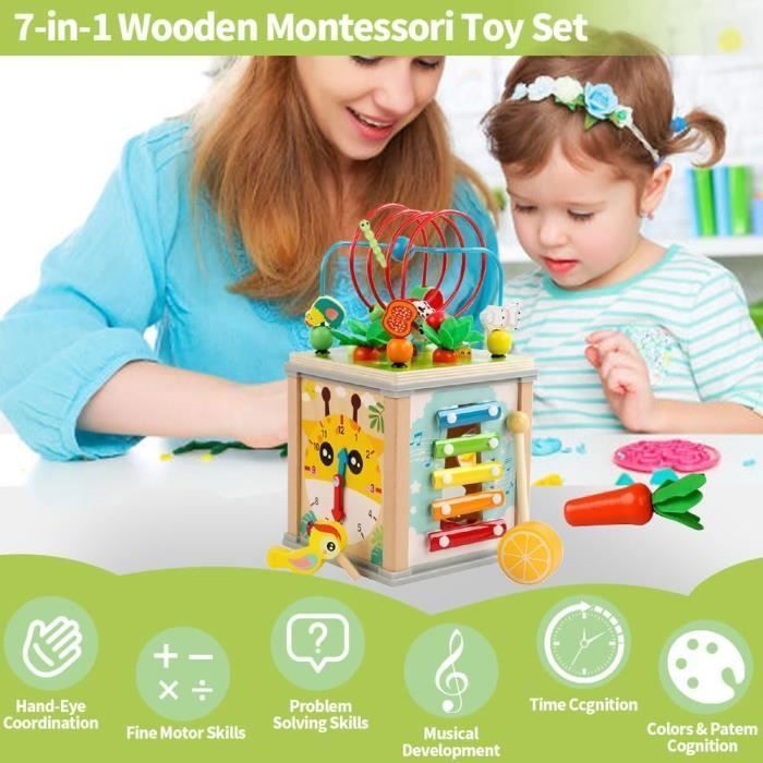 Cubo de actividades de madera, juguete para niños de 2 años, cubo de actividades de madera 7 en 1 para niños pequeños de 1 a 4 años, juguete Montessori.