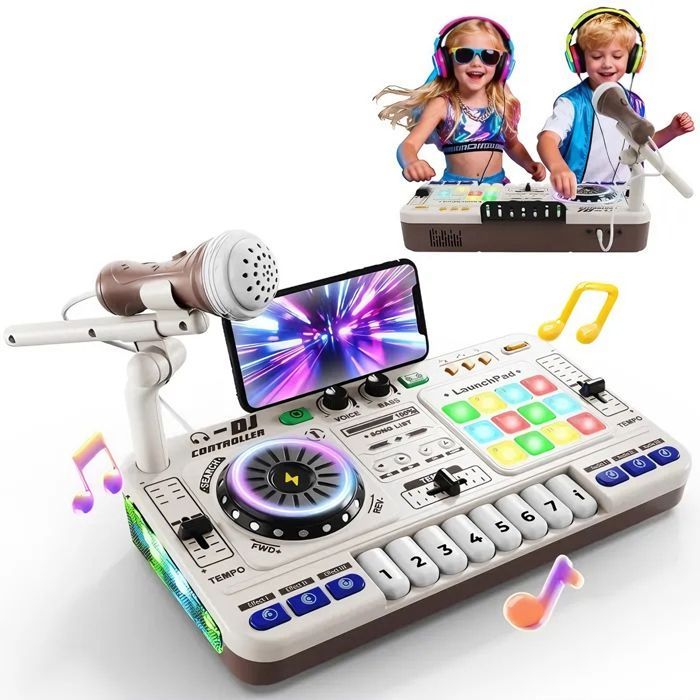 DJ Mixer Controller, DJ mixing console for children aged 3-10 years, with microphone, 100+ sound effects, musical toy with lights