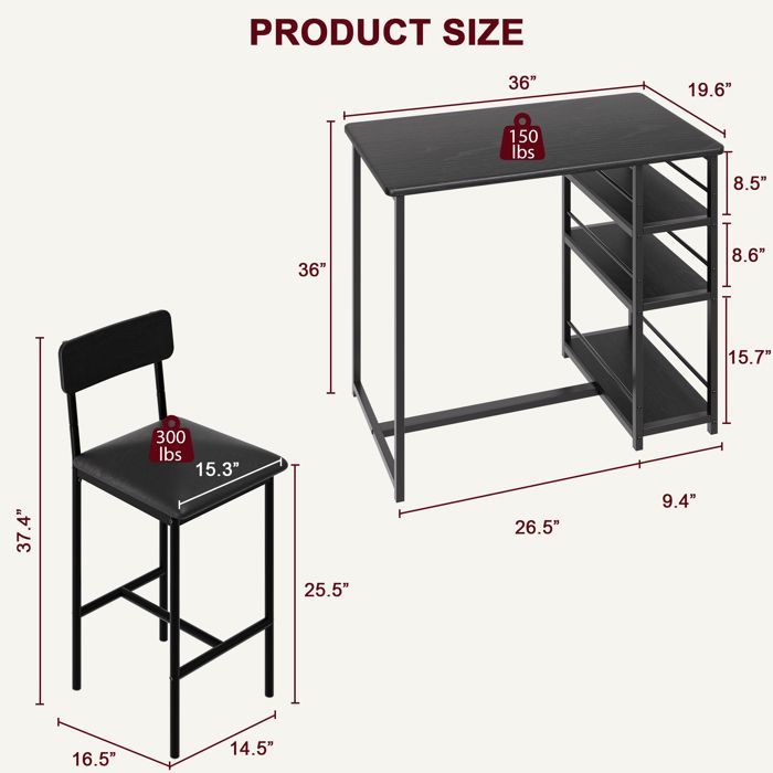 MESA DE COMEDOR CON SILLAS - Mesa de bar con 2 taburetes 91x50x91cm - para comedor, cocina - Negro