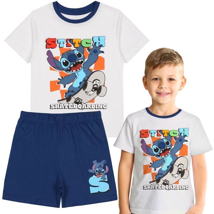 Conjunto de pijama de dos piezas de algodón para niño de DISNEY Stitch, ideal para el verano, con mangas cortas, 100% algodón, 110 cm.