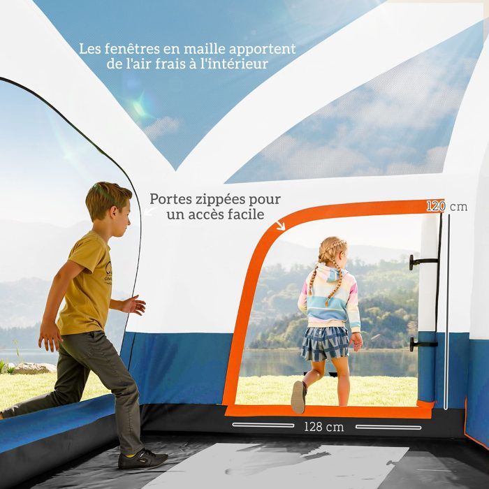 Kampeertent - Outsunny - voor 4-5 personen - waterdicht - deuren + ramen - draagtas - 4,3 x 3 x 1,95 m blauw
