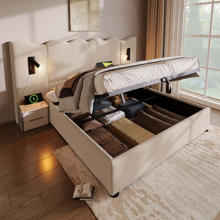 Lit Double 180x200 cm avec Lampe de Lecture Rotative, Chargement USB et Type C Lit Coffre Rangement Hydraulique Beige en lin