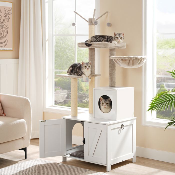 HOOBRO Arbre à Chat avec Maison de Litière pour Chat, avec Tour à Chat, Bâton de Chat taquin à Pompon Amovible, Blanc