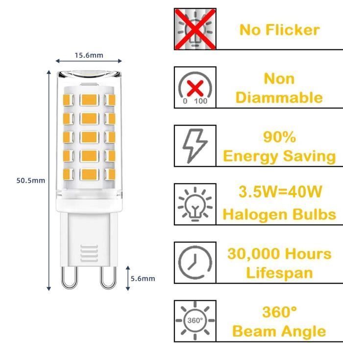 Paquete de 6 bombillas LED G9 de 3,5 W (equivalente a 40 W) - BLEOSAN - Blanco frío 6000 K - Tamaño Ø15,6*50,5 mm