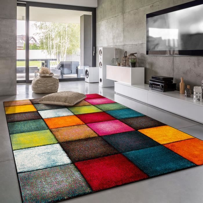 Paco Home -matto olohuoneeseen/makuuhuoneeseen, lyhyt nukka, abstrakti geometrinen ruutukuvio, harmaa, keltainen, punainen, 80x150 cm