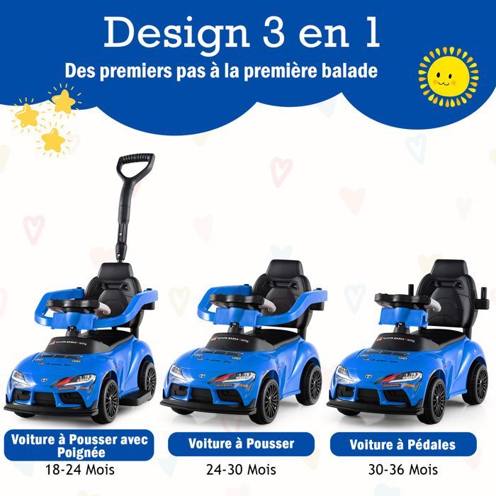 GIANTEX 3-i-1 Toyota Ride-On legetøj til børn, babybil til 1,5-5 år med aftageligt skubbehåndtag, musik, 20 kg lasteevne (blå)