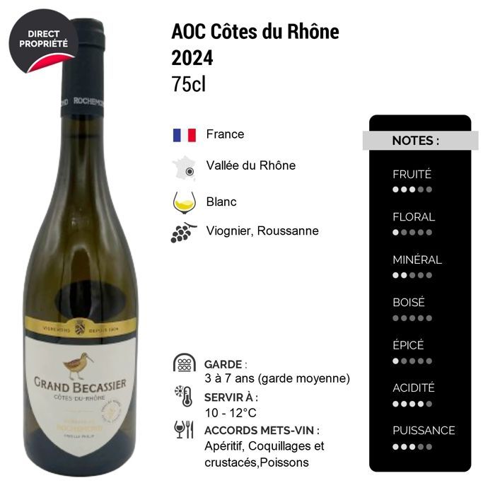 Domaine de Rochemond Côtes du Rhône Grand Becassier 2024 - Vinho Branco do Vale do Ródano (6 x 75cl) HVE