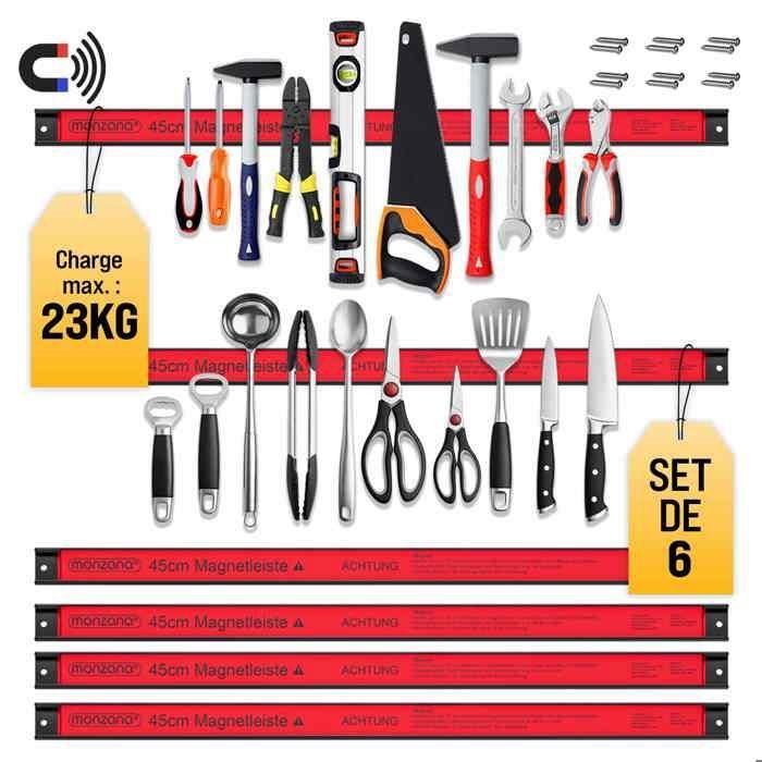 Barra magnética para herramientas MONZANA® de 6 unidades, 45 cm, potente, para almacenamiento de herramientas, montaje en pared. Carga máxima: 23 kg.