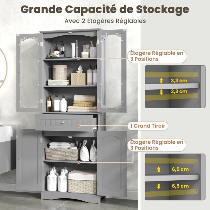 Armário de banheiro COSTWAY, alto, com 4 portas, 1 gaveta e 2 prateleiras ajustáveis, para banheiro e cozinha, 60x30x160 cm, cinza.