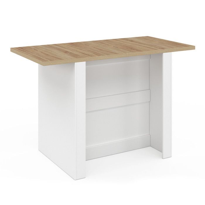 Isla central IDMARKET BAO de 140 cm para 4 personas, madera blanca con encimera efecto haya.