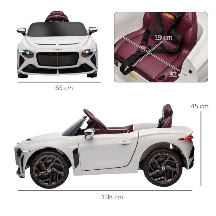 Electric ride-on car for children - HOMCOM - Bentley Bacalar - 2 x 12V 25W motors - 2.4G remote control - MP3 player - horn - 2 headlights - white