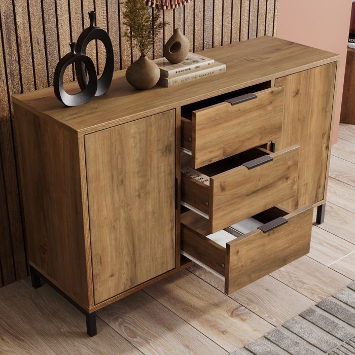 Kommode mit 2 Türen, 3 Schubladen und verstellbaren Einlegeböden, geeignet für Schlafzimmer, Esszimmer und Wohnzimmer, Eiche