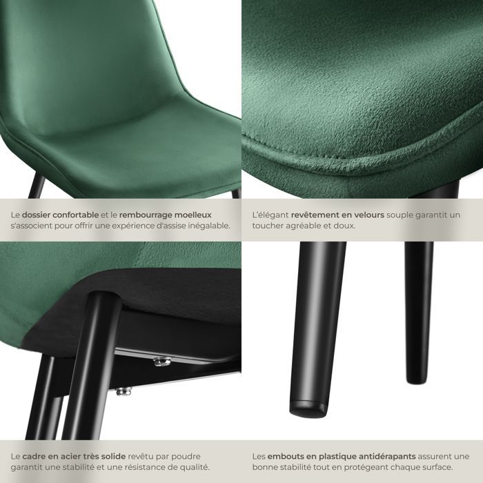 Chaises - TECTAKE - Lot de 2 fauteuils MONROE rembourrés aspect velours assise ergonomique et pieds en acier noir - Vert Foncé