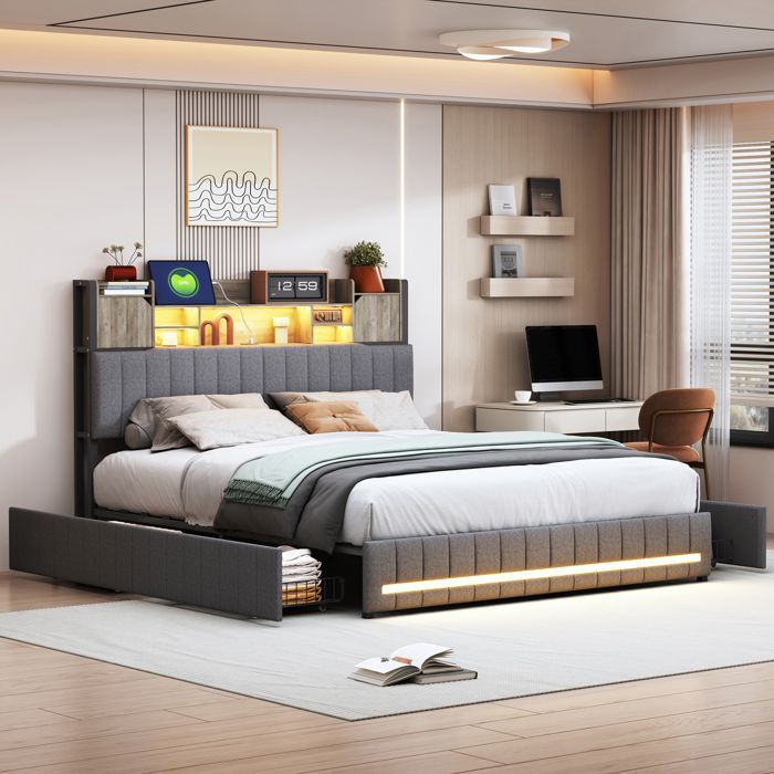 LED-bed met opbergruimte 140x190 cm – 4 lades – Linnen – Gestoffeerd bed met USB- en Type-C-aansluiting – Tweepersoonsbed met lattenbodem – Bed voor volwassenen/tieners – Grijs