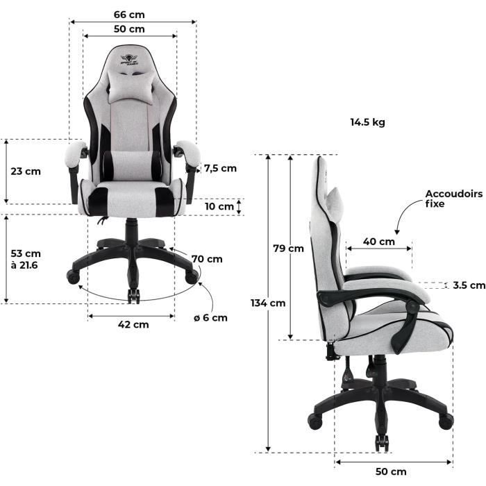 Gaming Chair - SPIRIT OF GAMER - Arena - 100% Polyester Fabric - White and Grey - 100kg Capacity