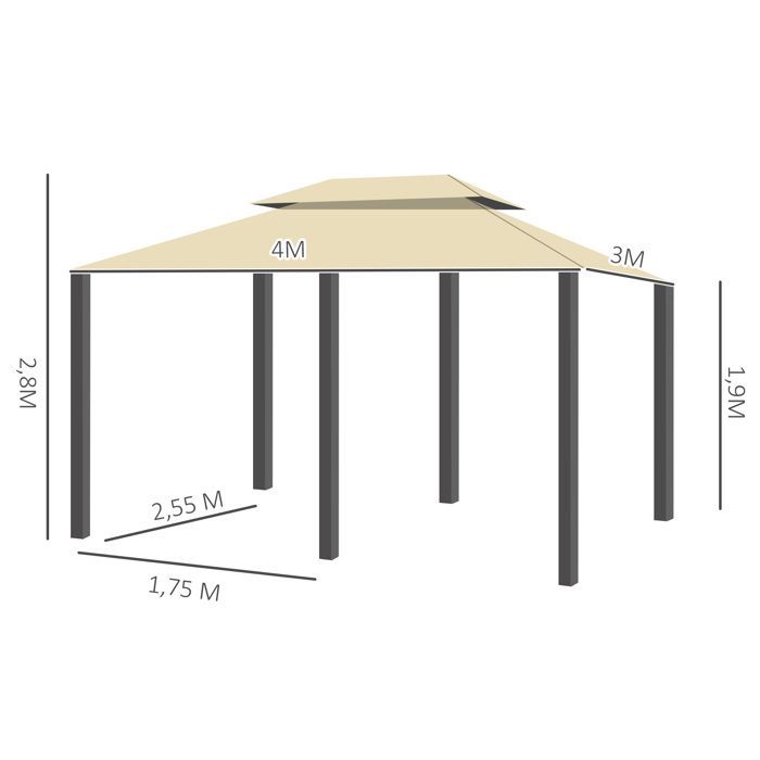 Tonnelle de jardin -  barnum - Outsunny - style colonial double toit toiles latérales - acier - 3x4x2,8m - crème