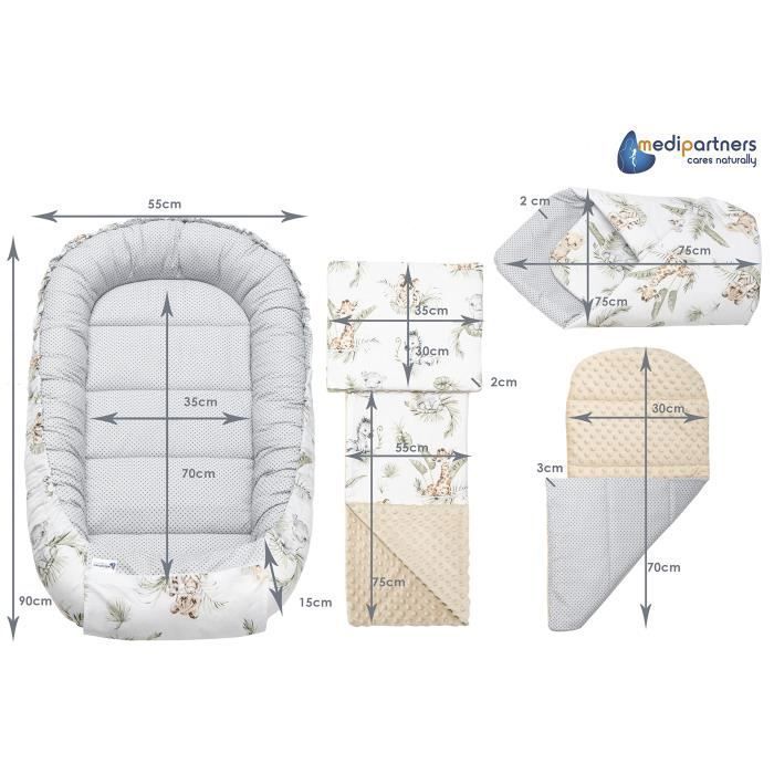 Réducteur de Lit Bébé Medi Partners 100% Coton Nouveau-né Nid de Bébés Insert Amovible 100x60x15 cm Safari avec Minky Beige