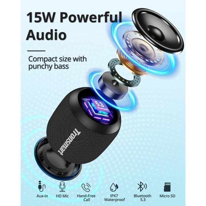 Altavoz Bluetooth portátil T7 - SOUNDPULSE - Resistente al agua IPX7 - 18 horas de duración de la batería - Luz LED - Sonido estéreo