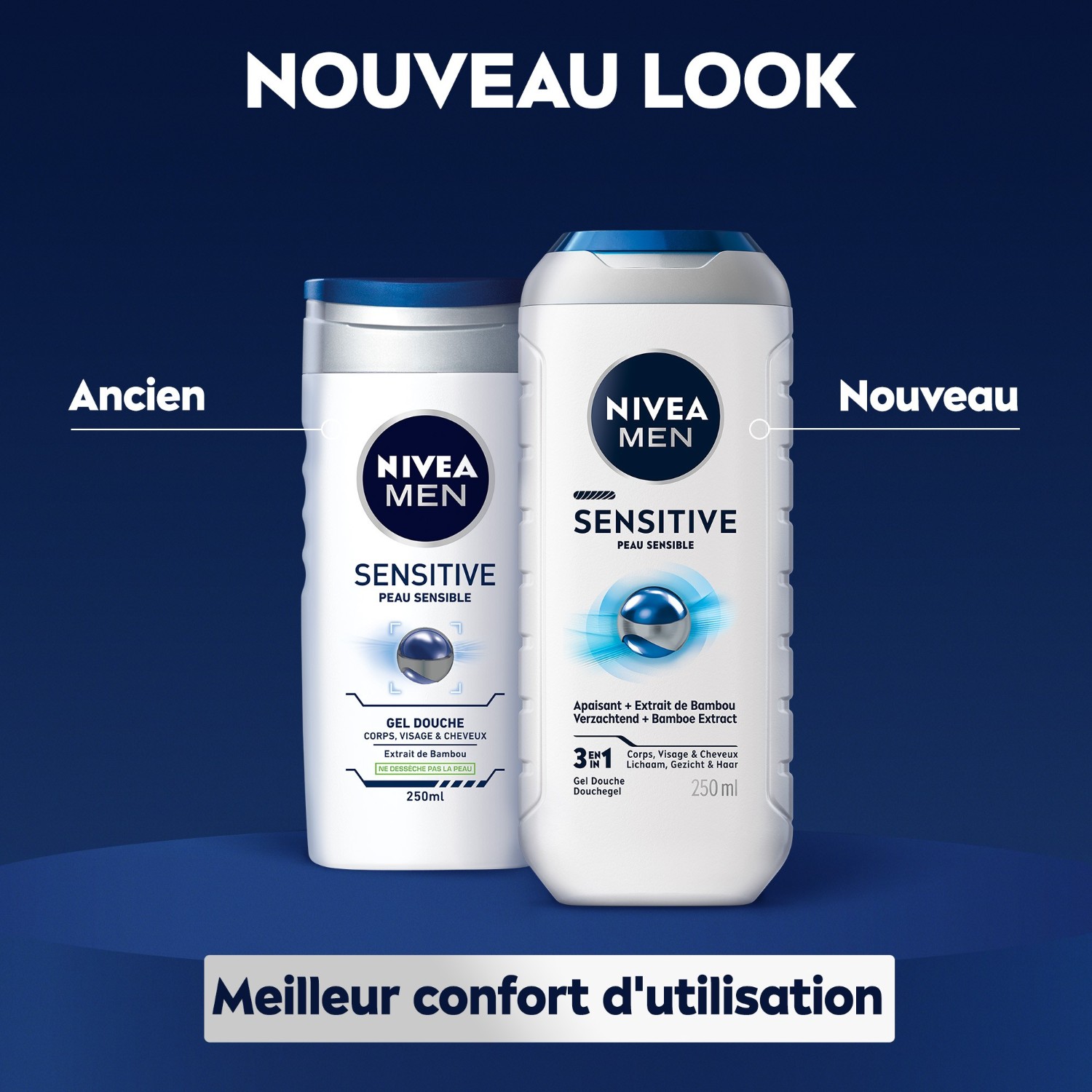 NIVEA Gel douche 3en1 visage corps&cheveux Extrait de Bambou peaux sensibles