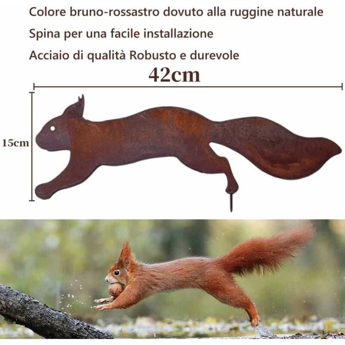 Adorno de jardín de ardilla de metal - MICH - 42 cm - Pátina de óxido natural - Fácil de montar - Para árbol