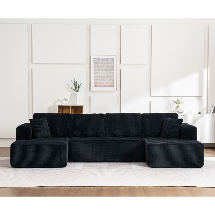 Panoramic U-shaped corner sofa, 4-seater, modular sofa, armrests, corduroy upholstery, spring and high-resilience foam cover, black