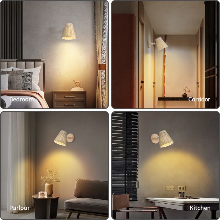 SNOGOLD 2 apliques de pared de ratán tejido, portalámparas E27, pantalla de bambú tejida a mano, lámpara de pared para dormitorio/sala de estar.