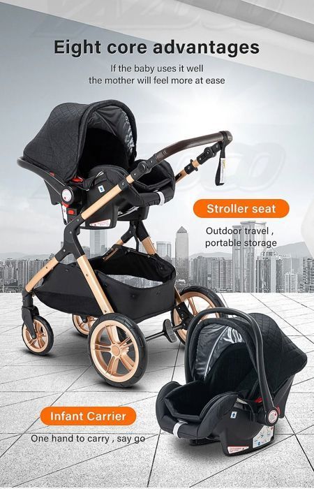 Poussette 3 en 1 Bébé Combinée Siège-Auto Nacelle Trio Réversible Réglable Haute Qualité Roues increvables Canne.bleu.bazarland30