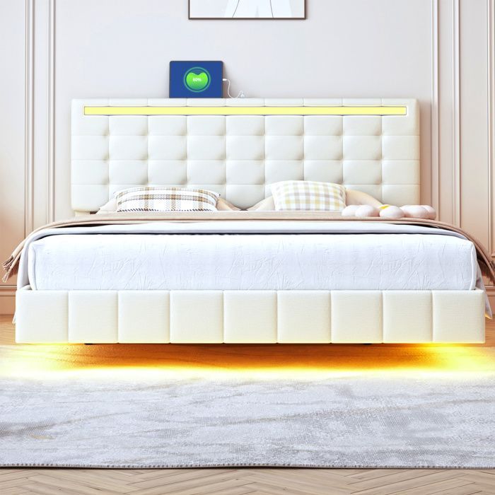 Lit double 140x190 cm - NMONET - LED - USB - Tissu en lin beige - Style moderne