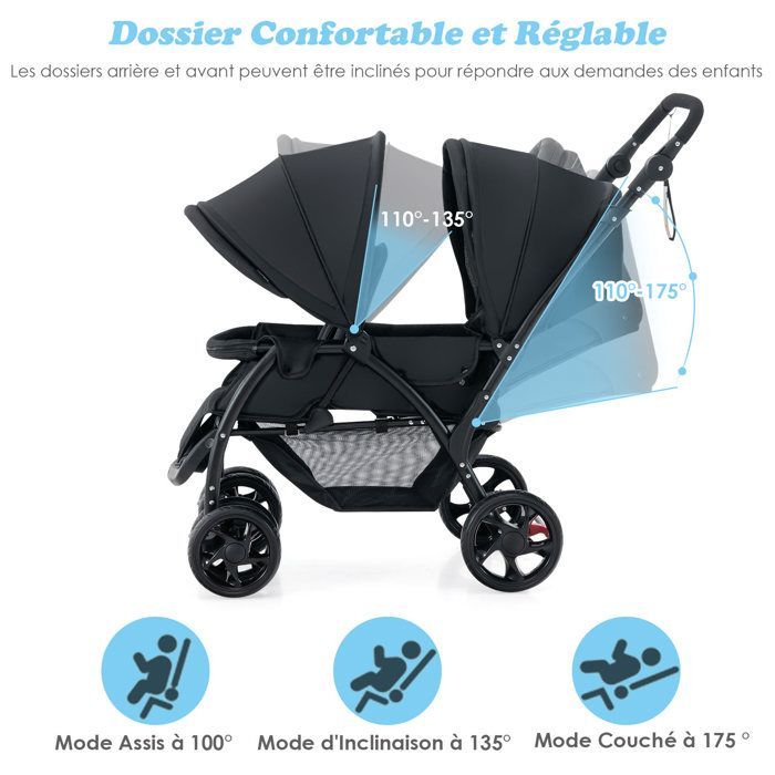 DREAMADE Lichtgewicht opvouwbare duowandelwagen voor 2 baby's, tandemzitje, verstelbare rugleuningen en voetsteunen, ééntrapsrem, zwart