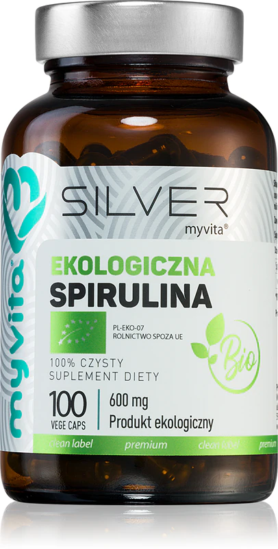 Cápsulas de suplemento alimentar MyVita Silver Spirulina Bio para fortalecer o sistema imunológico.