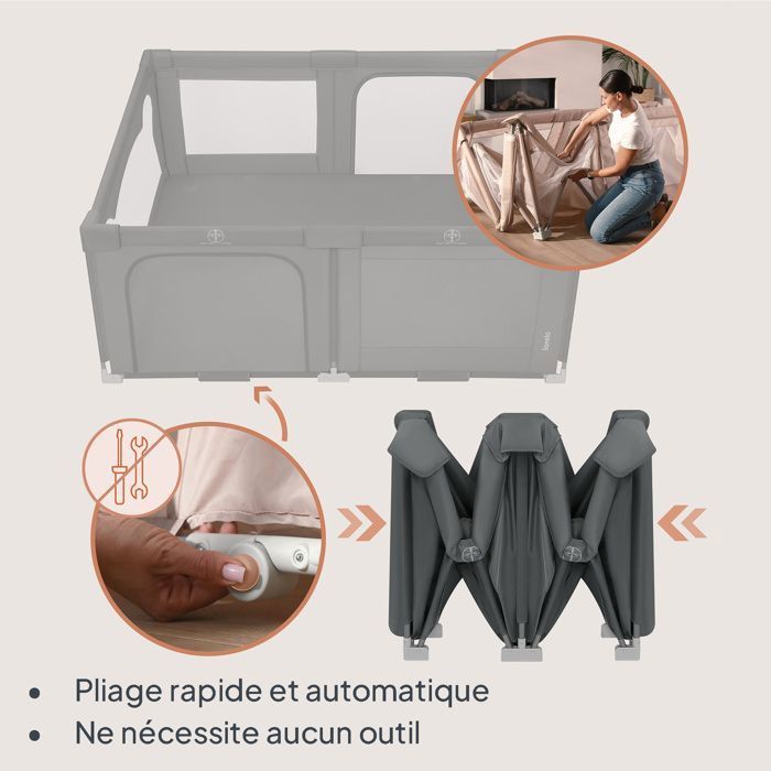 Parque infantil de 180x150 cm - LIONELO Florence - Montaje muy rápido - Espacio extragrande - Para interior/exterior - Bolsa incluida - Gris