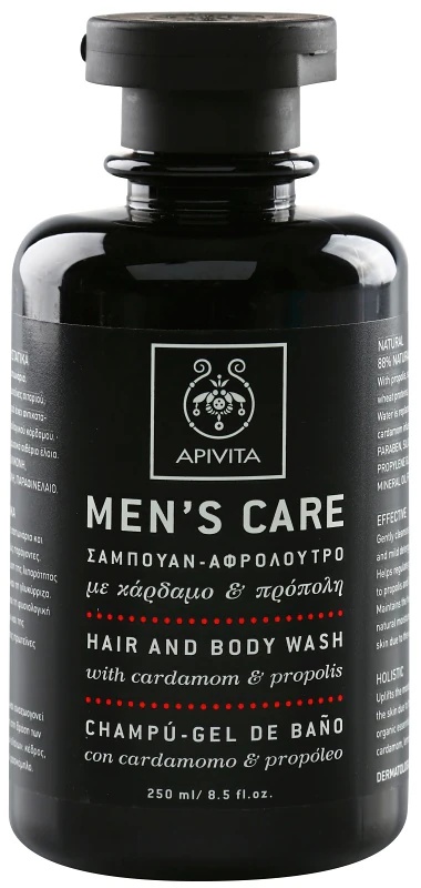 „Apivita Men's Care“ plaukų ir kūno prausiklis su kardamonu ir propoliu – 2 viename šampūnas ir dušo želė