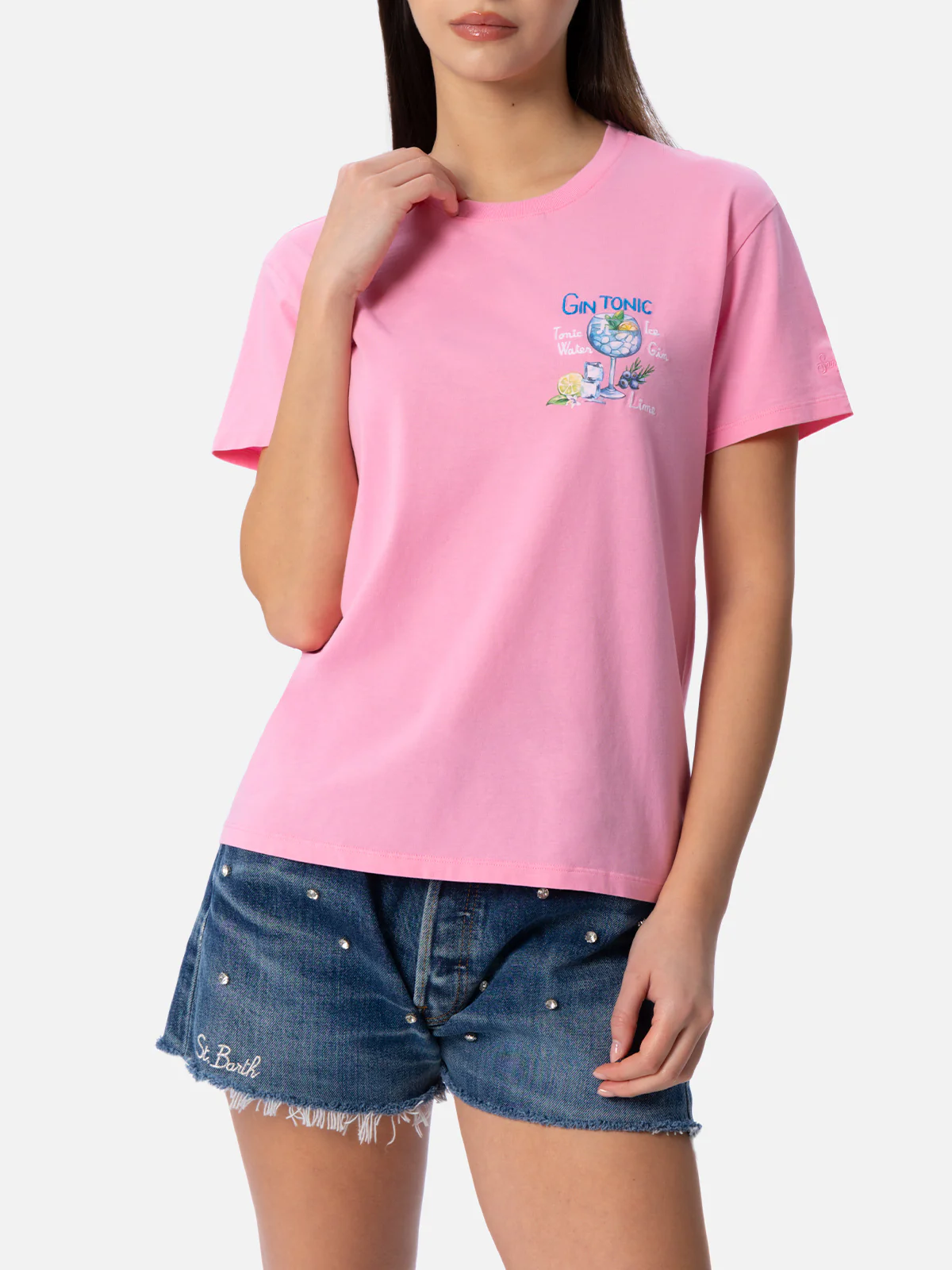 Emilie dames T-shirt met ronde hals van katoenen jersey met Stres-borduurwerk.