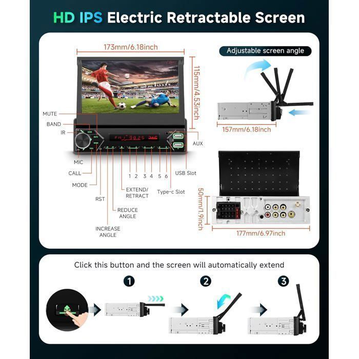 Autorradio 1 Din DAB+ con pantalla retráctil motorizada de 7