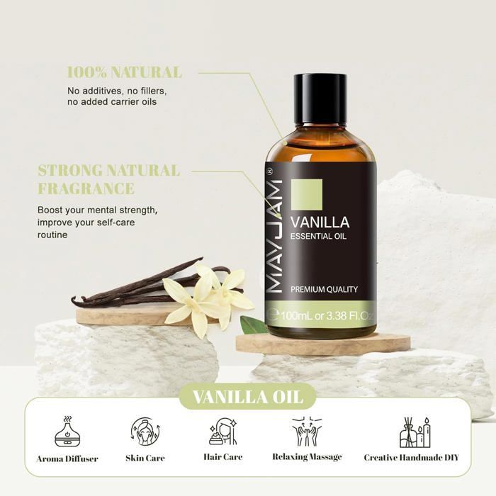 Vanille etherische olie 100 ml, 100% pure vanilleolie, ideaal voor aromatherapie, aromadiffuser en geurende massageolie.