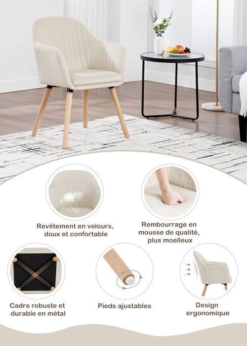 WOLTU Chairs – Contemporary, velvet & wood, cream and white (Set of 4)