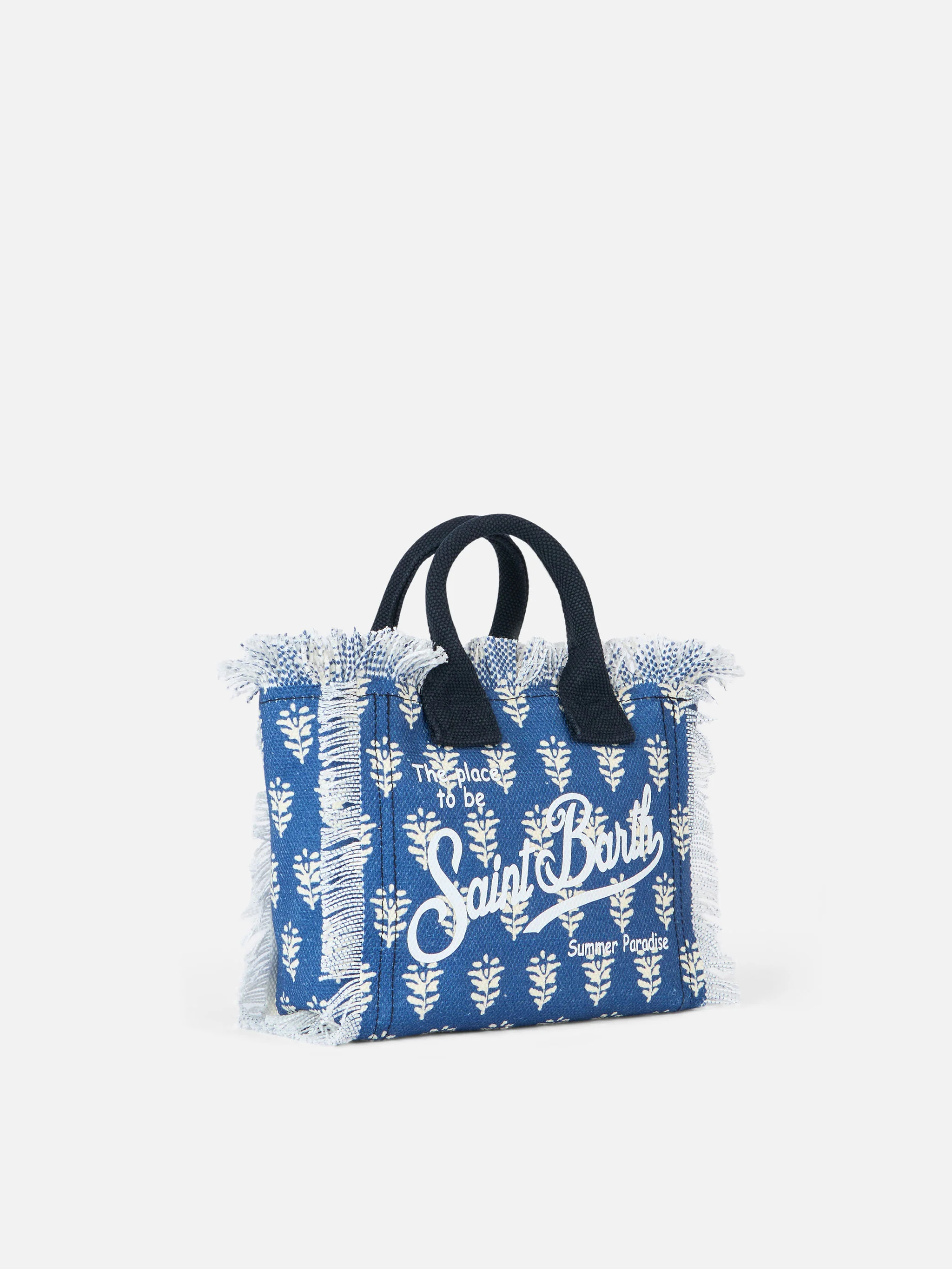 Pamučna mini platnena torba za šminkanje | Indigo cvjetni print | Logo Saint Barth | Zatvaranje patentnim zatvaračem | Unutarnji džep s patentnim zatvaračem | Odvojivi remen | MC2 Saint Barth