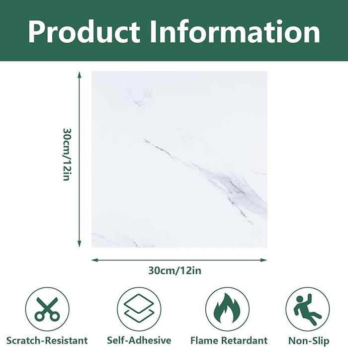 ReWallpaper Self-Adhesive PVC Floor Tiles, White Marble, 30cm x 30cm, Lino Floor Tiles, Self-Adhesive, for Bathroom and Kitchen, Waterproof, White Marble 3