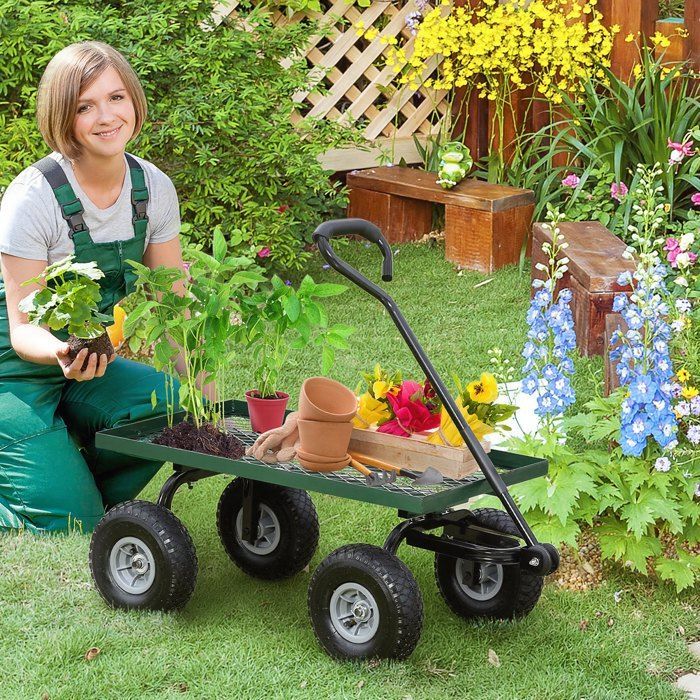 Carrinho de transporte para jardim - Outsunny - reboque manual, carrinho de mão com 4 rodas, capacidade de carga de 150 kg - metal - 94x48x100cm - verde