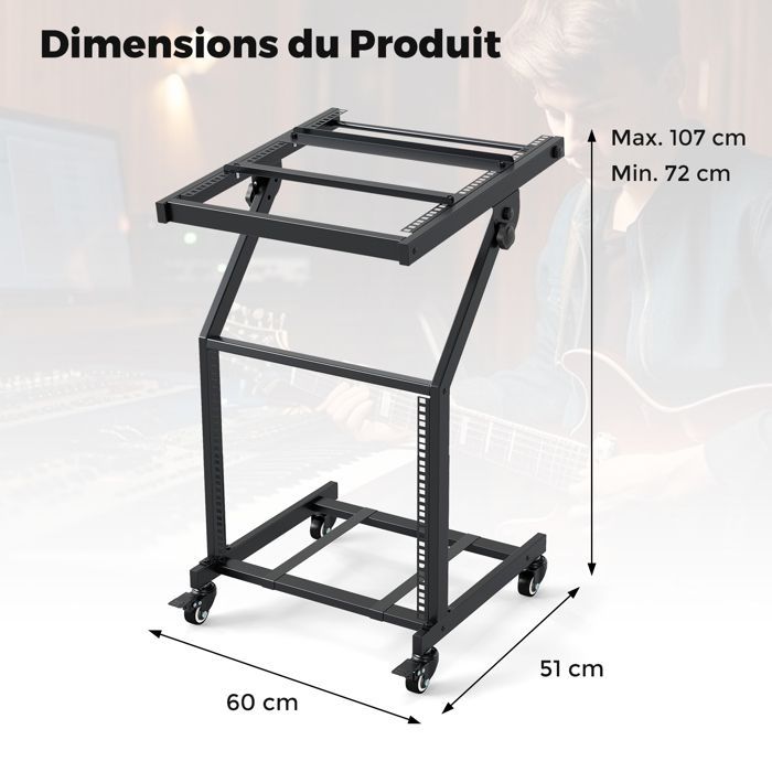 Soporte de audio profesional de 2 niveles COSTWAY, soporte para mezclador de DJ de 9U, barras ajustables, ruedas con bloqueo.