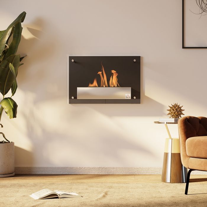 Chimenea de bioetanol - HOMCOM - Montaje en pared - Quemador de 0,9 L - Autonomía aproximada de 3 horas - Acero - 60x22x40cm - Negro