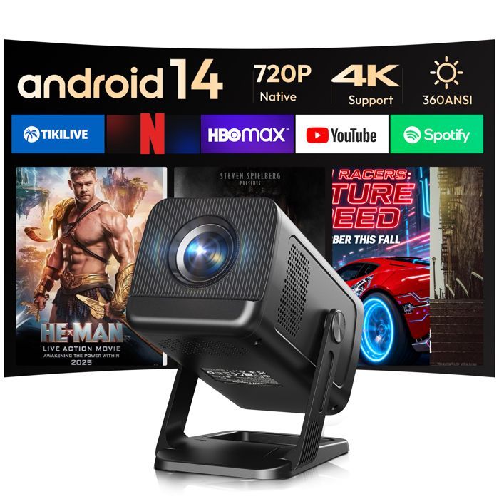 Mini projetor de vídeo portátil, compatível com 4K e 1080p, Android 14, Wi-Fi e Bluetooth 5.4 - 300 ANSI - Correção automática de keystone.