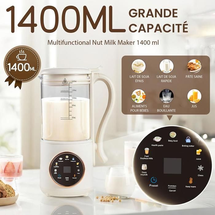 Machine à Lait de Soja 1400ML Automatique Blender Chauffant Multifonction 16 Lames en Acier Nettoyage Automatique Départ Différé